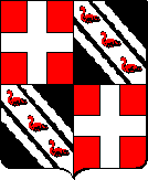 The Arms of Fra Auger de Balben: Sable on a bend between two bendlets wavy argent three martlets gules.