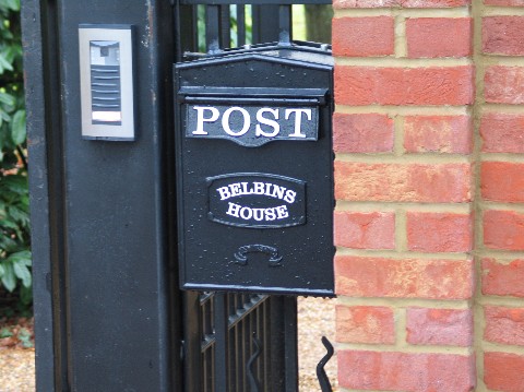 The mailbox at the gate of BELBINS HOUSE