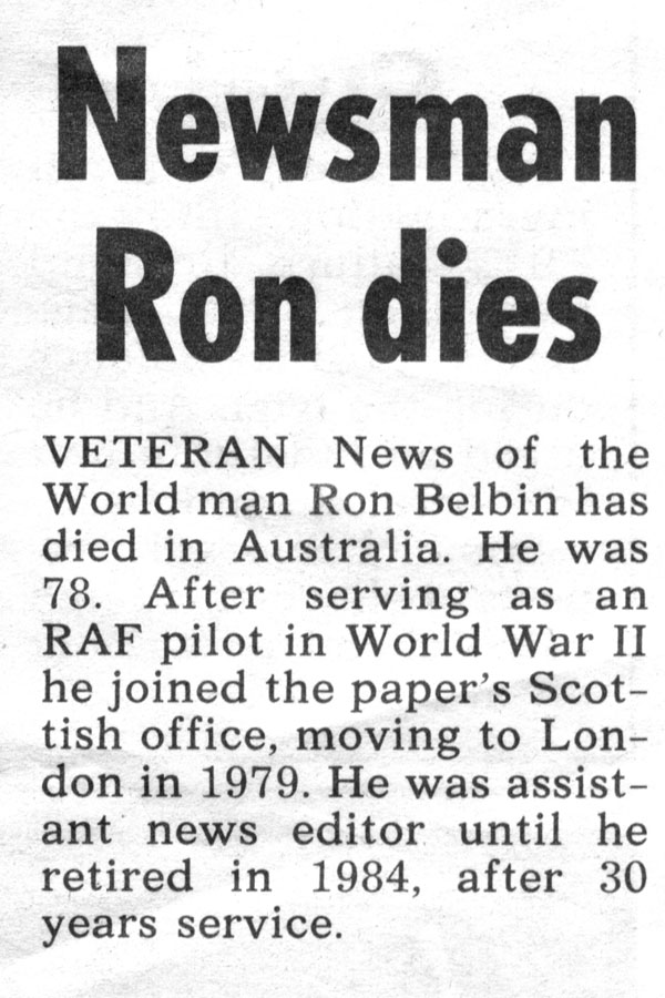 How the News of The World reported the death of Ron BELBIN